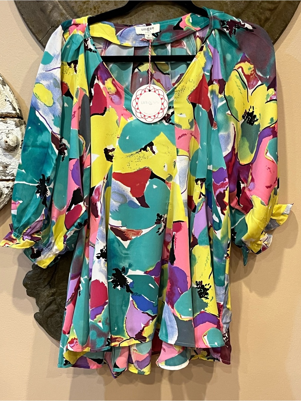 Umgee Multicolor Floral Tunic Top - Teal, Yellow, Pink & Purple